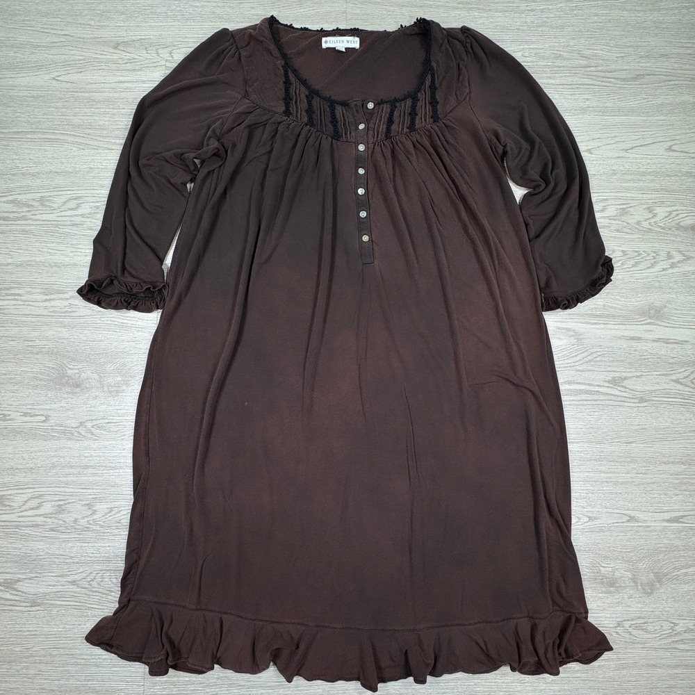 Eileen West Women's Nightgown Henley Ruffle Lace Trim Brown Small Modal Spandex - Picture 1 of 7